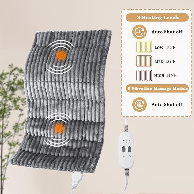 Massaging Heating Pad for Neck and Shoulders and Back, Large Electric Heating Pad for Back Pain Relief with 3 Heat Levels, 4 Massage Settings, 4 Massage Motors (Dark Grey, 33'' * 18'')