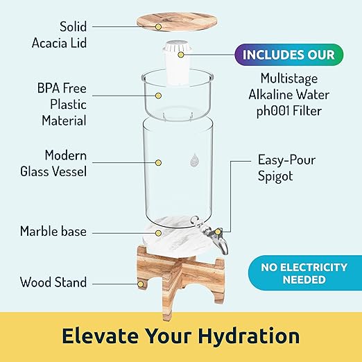 Invigorated Water pH Recharge Alkaline Water Filter Dispenser – BPA-Free Glass Countertop Water Filter Pitcher Purifier for Home & Office, 36-Cup Capacity, 360L Long Filter Life (Acacia/Marble)