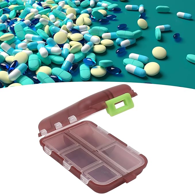 Travel Pill Organizer, Plastic 10 Compartments Pill Case Portable Pill Box Buckle Lock Weekly Portable Pill Holder Container for Purse (Purple)