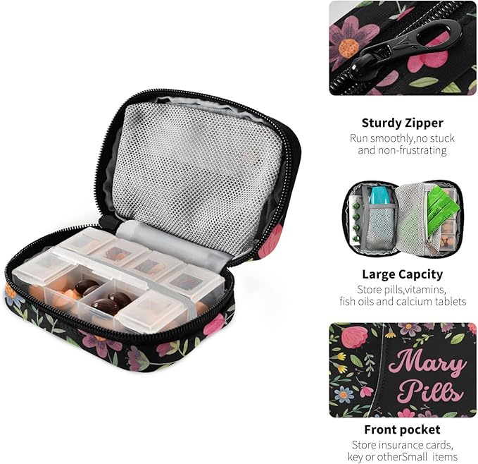 Custom Pill Box 7 Day Pill Case Bag Floral Flowers Personalized Name Travel Pill Organizer Bag with Zipper Portable Weekly Case Compact Size for Vitamin Supplement Holder