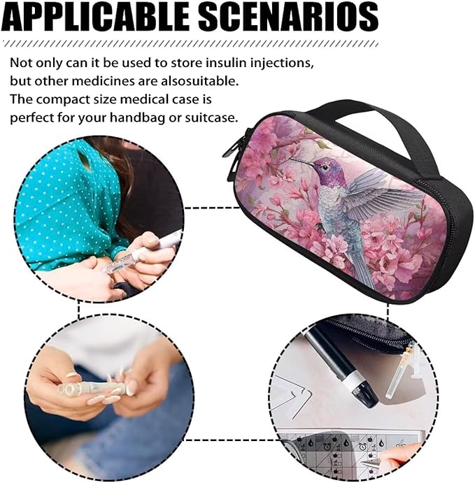 Hummingbird Cherry Blossom Insulin Cooler Travel Case Diabetic Medicine Carrying Bag Large Capacity Insulated Organizer Medication Cooler Bag for Insulin Pens and Diabetes