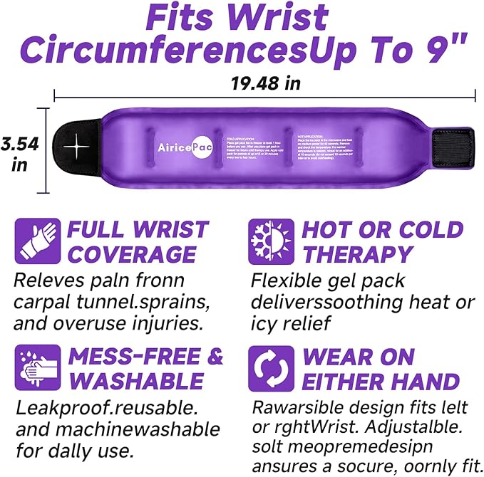 Wrist Ice Pack Wrap for Carpal Tunnel Relief, 2 Gel Ice Packs for Injuries Reusable for Wrist Hand Pain, Hot Cold Compress Brace for Achilles Tendonitis, Tenosynovitis, Purple