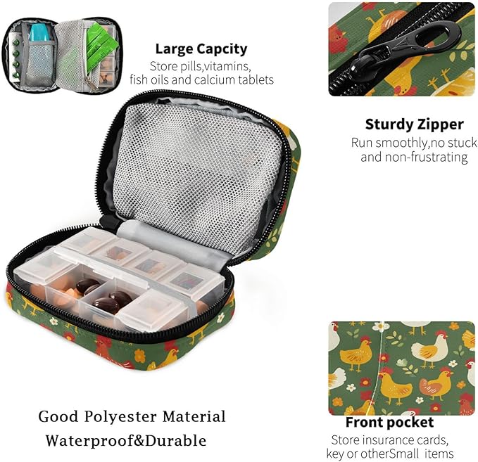 Fustylead Colorful Cute Cartoon Chicken Rooster Hen Travel Pill Case Bag with Zipper Weekly Pill Box 8 Compartments 7 Day Personal Pill Case Purse Medicine Case Organizer