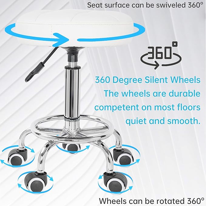 PU Leather Rolling Stool Height Adjustable Round Swivel Stools for Spa Salon Massage Work Chair with Foot Rest White