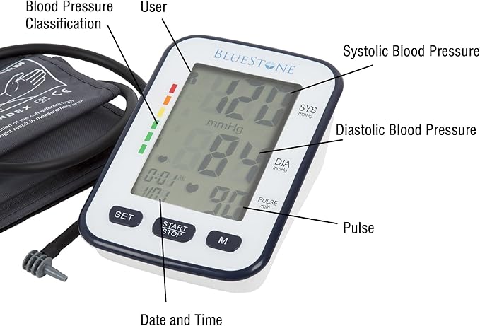 Bluestone Automatic Blood Pressure Cuff - Electronic Digital Blood Pressure Cuff Wrist and Upper Arm Heart Monitor with LCD Screen - Personal Health Tracking Device for Hypertension