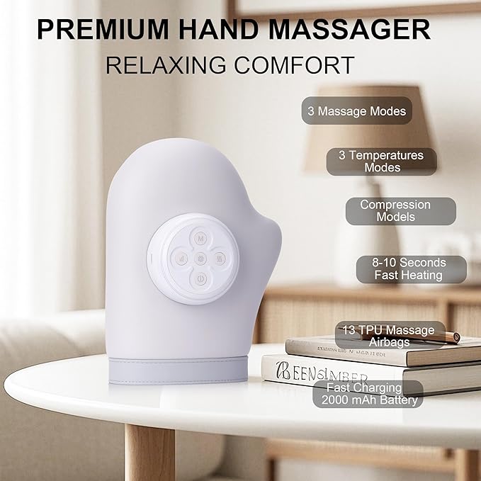 Hand Massager, Cordless Palm & Finger Massager with Heat and Compression, 3 Modes & 5 Intensities, Rechargeable Portable Gift-Ready