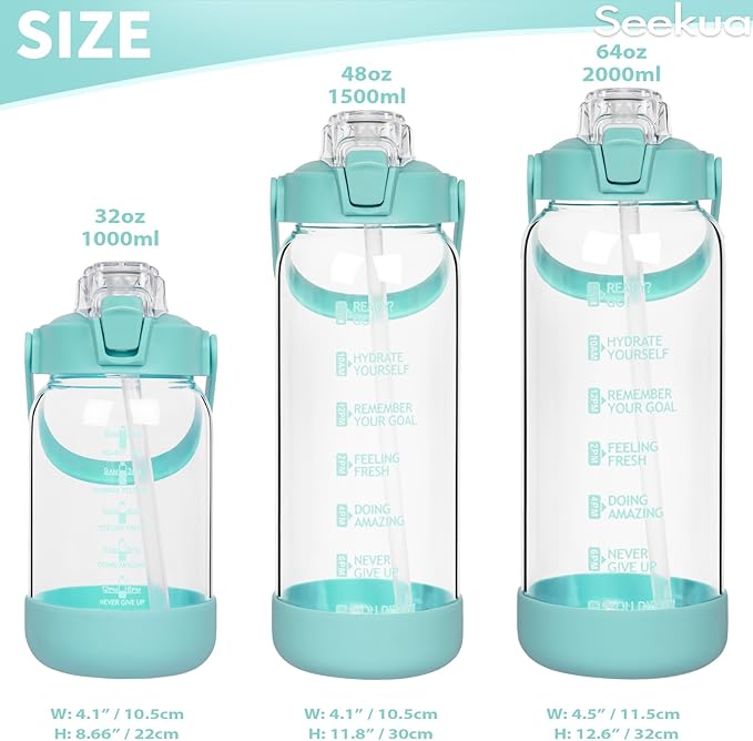 48 oz Glass Water Bottle with Straw and Time Marker, Large Motivational Borosilicate Glass Drinking Bottle with Silicone Boot and Sleeve