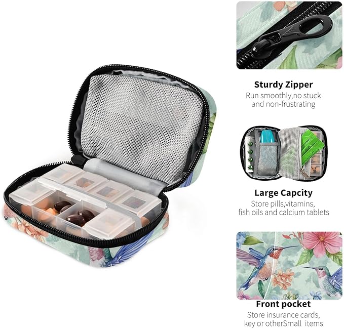 Travel Pill Case Hummingbird Birds and Flowers Weekly Small Pill Box 7 Day Pill Box Pill Organizer Bag