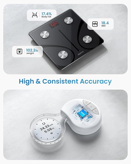 RENPHO Smart Scale and Tape Measure, Digital Bluetooth Scale with Tape Measure for Body Measuring, Weight Loss, Muscle Gain, Gift, 400lbs, Inches/cm
