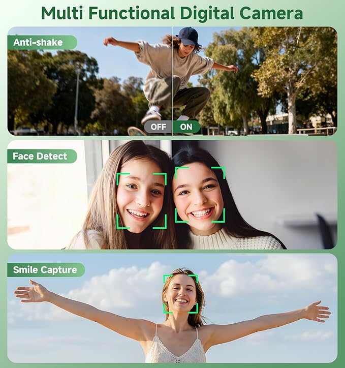 Digital Camera, 56MP Dual Screen Autofocus Vlogging Camera, 16X Zoom Point and Shoot Camera for Photography, Anti-Shake, 32GB Card, Compact Camera for Teens Adults,Green