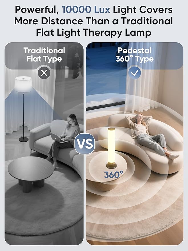 Light Therapy Lamp 10,000 Lux Happy Therapy Light with Remote, 2-in-1 Pedestal to Tabletop Full Spectrum Daylight Lamp with Adjustable Color/Brightness/Timer, Memory Function, Black