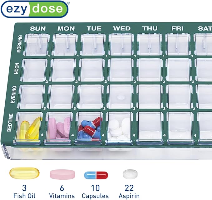 EZY DOSE Weekly AM/PM (7-Day) Daily Pharmadose Pill Planner, Medicine Case, Vitamin and Supplement Organizer, Medium Easy Fill Compartments, 4 Times a Day, 28 Compartments, Green, BPA Free
