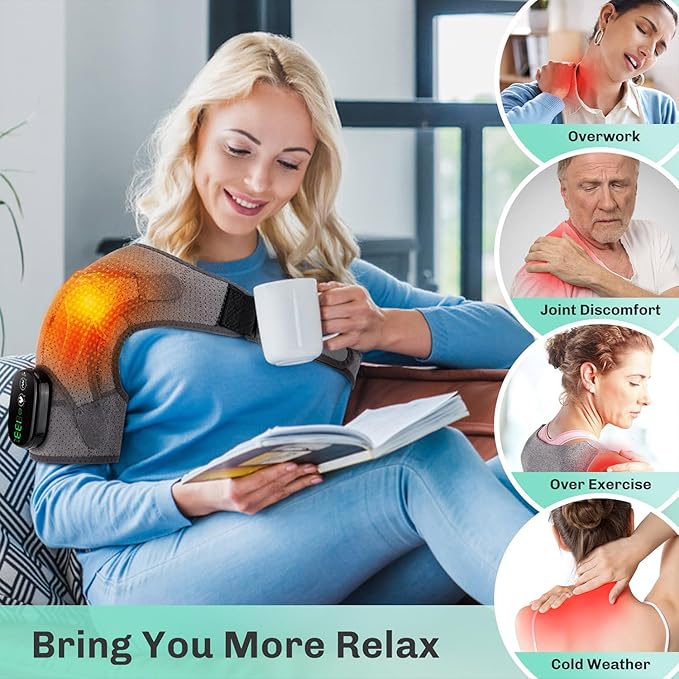 Shoulders Massager, Adjustable Shoulder Massager with Heat for Pain Relief Deep Tissue, 3 Levels Vibration & 3 Levels Heating Shoulder Heat (Black)