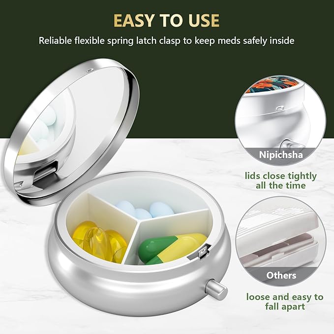 Nipichsha Pill Box, Small Pill Case for Purse & Pocket, Cute Travel Medicine Organizer, Portable Medicine Container Holder to Hold Vitamins, Medication, Fish Oil & Supplement, B04-Beautiful Flowers