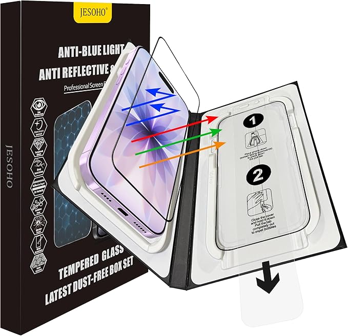Blue Light Screen Protector for iPhone 17/16 Pro (6.3 inch) Anti Reflective 9H Hardness Shatterproof HD Tempered Glass Easy Install Stain-resistant Touch Sensitive Scratch Resistant 2 Pack