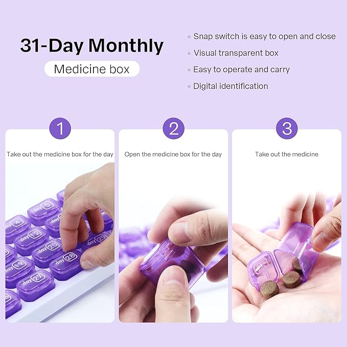 Monthly 31 compartments Pill Organizer Day Pill Organizer for Medicine Vitamin Holder Container (Purple)