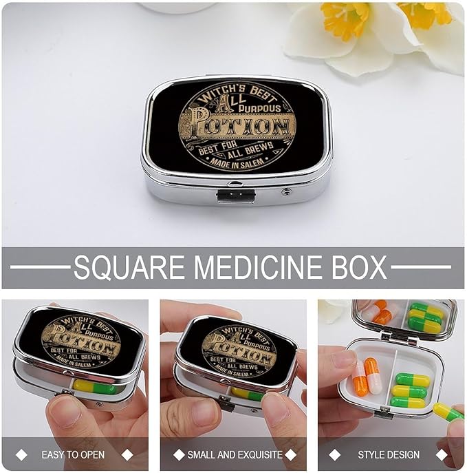 Metal 2 Compartment Pill Organizer Travel Friendly Portable Compact Pill Box Cute Pill Case,for Pocket Wallets Daily Portable Medicine Vitamin Tablet Storage (Potion)