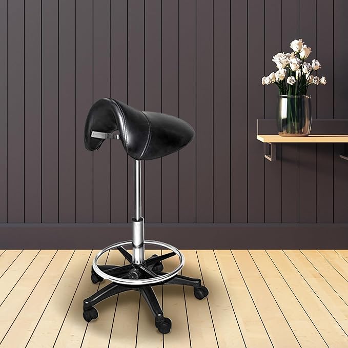 Chromium Professional Rotational Saddle Cutting Stool with High Density Foam Cushions and Steel Frame for Hair Cutting, Styling, and Perming, Black