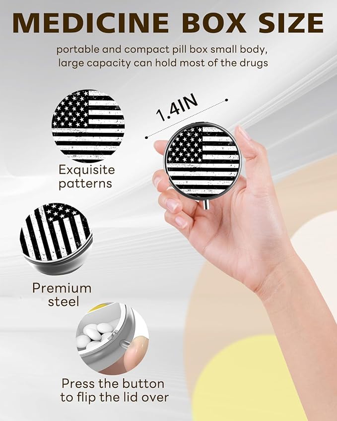 LRITER Pill Case, Portable Travel Pill Box, Pillbox Organizer, Cute Small Medicine Storage Container, Purse Accessories for Women, Men (American Flag)