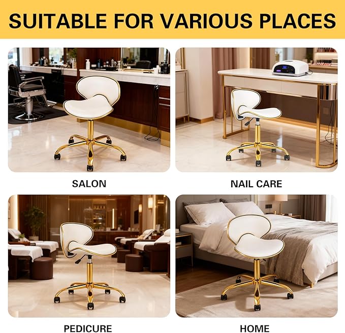 Adjustable Rolling Stool with Backrest, Nail Tech Chair for Salon, Lash, Nail Tech and Hair Stylist, Facial Massage Tattoo Stool with Wheels-White