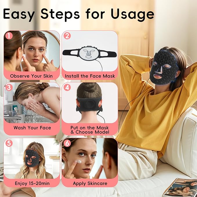 Red Light LED Facial Mask, 3 Modes Portable Silicone Skincare Mask with 850NM Infrared, Red & Blue Light Mask with Timing Function Eye Protection Cushion, for Home Use Skin Appearance Support