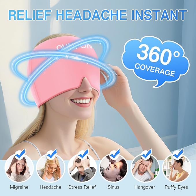Valentines Day Migraine Relief Cap Gifts for Her HimHeadache Relief Cap Ice Pack Mask,Cooling Gel Head Wrap for Tension,Stress,Hangover,Puffy Eyes Gifts for Women Men Mom-Pink