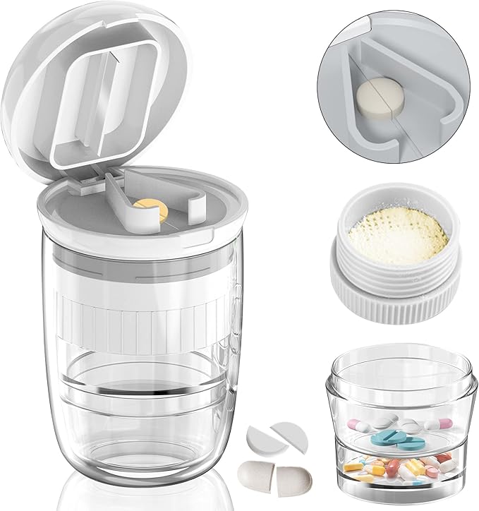 White-1 Pill Splitter and Cutter, Crushes Tablets, Vitamins, Stainless Steel Blade, Removable Drinking Cup