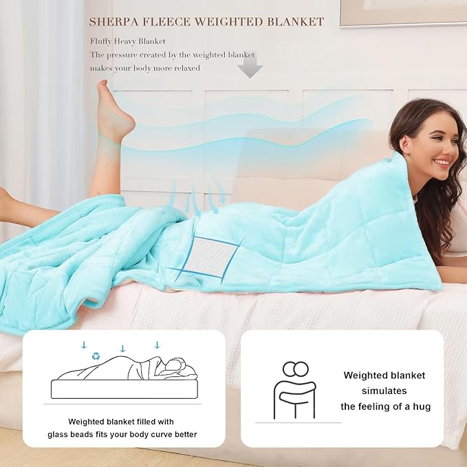 Alomidds Weighted Blanket Queen Size 15lbs 60x80 inches, Sherpa Heavy Blankets for Adults,Fluffy Warm Sherpa & Cozy Soft Flannel Thick Gravity Blanket for All-Season with Glass Beads, Aqua