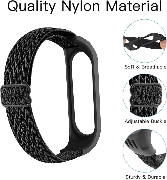 Adjustable Elastic Nylon Straps Compatible with Xiaomi Mi Band 6/Xiaomi Mi Band 5/Xiaomi Mi Band 4/Xiaomi Mi Band 3, Soft Breathable Sport Replacement Wristband for Women Men (Black)