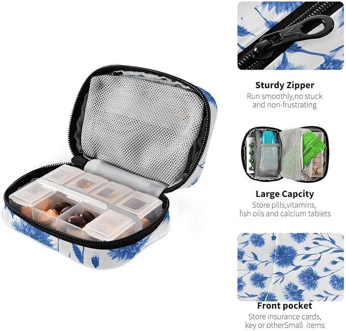 Ink Blue Cornflower Travel Pill Organizer Case Box Container Weekly Portable Vitamin Medicine Holder Storage Bag with Zipper Removable