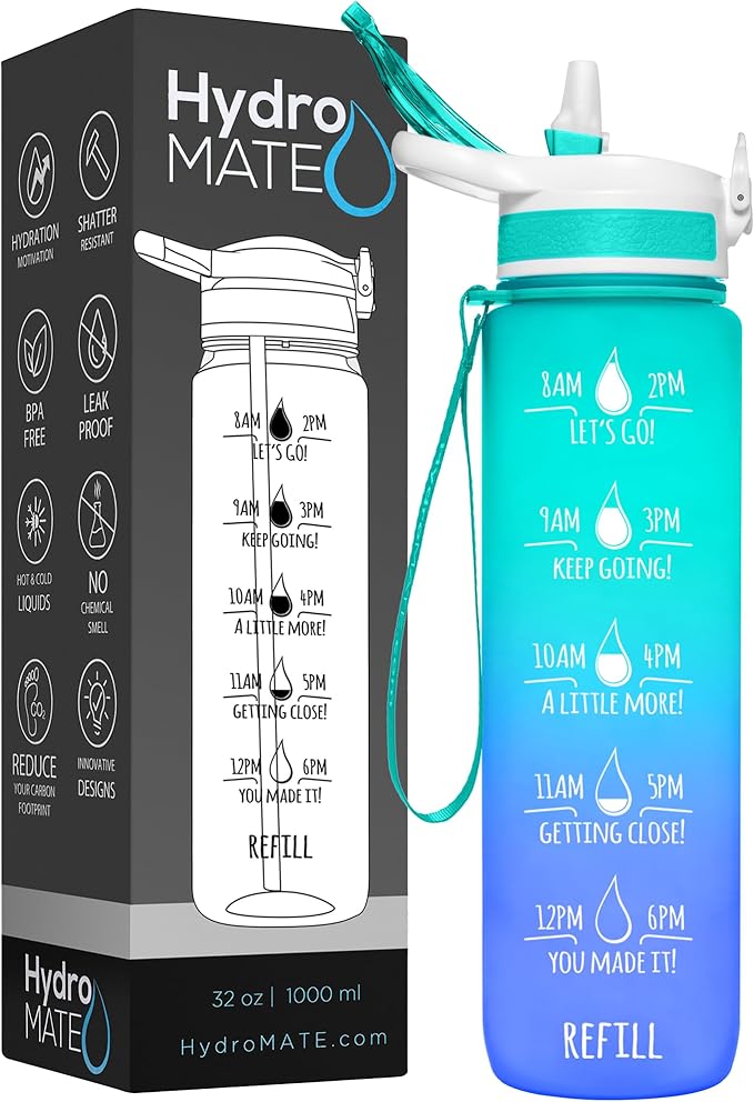 NatureWorks HydroMATE 32 oz Water Bottle with Time Markings Hourly BPA Free Reusable Leak Proof with Straw and Carrying Strap 1 Liter