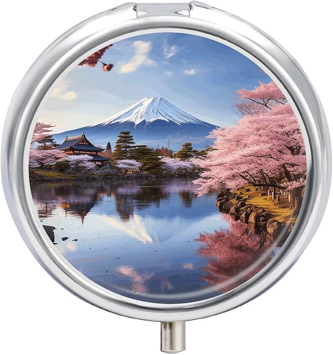 Mount Fuji Cherry Blossom Trees Pill Box Travel Pill Case for Purse Pocket Weekly Medicine Organizer with Mirror 3 Compartment Round Medicine Case Portable PillcaseHolder for Daily