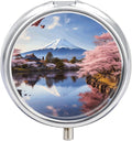 Mount Fuji Cherry Blossom Trees Pill Box Travel Pill Case for Purse Pocket Weekly Medicine Organizer with Mirror 3 Compartment Round Medicine Case Portable PillcaseHolder for Daily