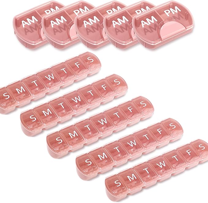 10 Pack (Weekly & Daily), 2 Times a Day (AM/PM) + 7-Day Pill Organizer, Vitamin Planner, Large Capacity Pill Box Set, Travel Pill Case for Medication/Vitamins/Fish Oils/Supplements, Pink