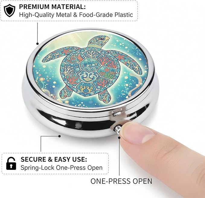 Round Pill Case Small Pill Box with Mirror Pocket 3 Compartment Vitamin Pill Medicine Case Organizer Pill Containers for Traveling Mandala Sea Turtle One