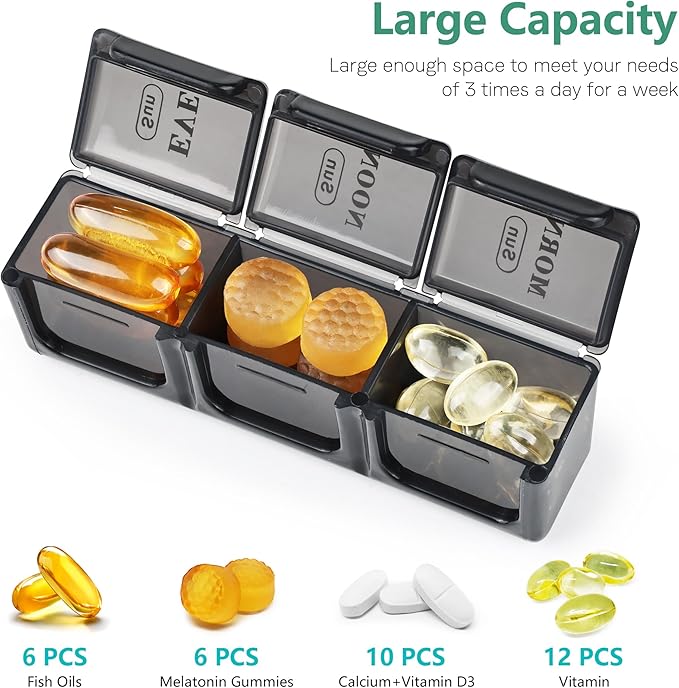 Large Weekly Pill Organizer 3 Times a Day, MOLN HYMY Dual Protection Portable 7 Day Pill Box, Travel Friendly Daily Pill Containers for Vitamins/Medication/Fish Oils/Supplements (Black)