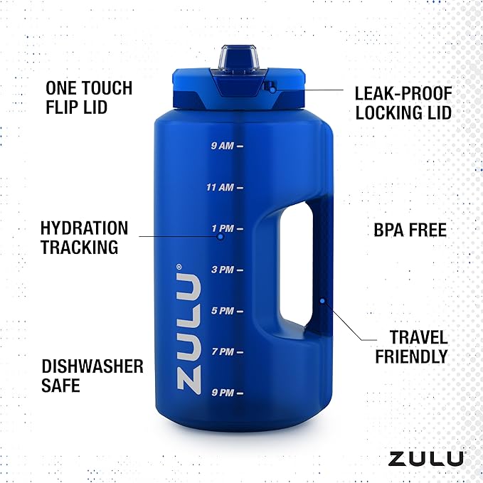 ZULU Goals 128oz Half Gallon Plastic Water Bottle with Straw and Time Marker | Large Reusable Jug with Handle and Leak Proof Lid for All Day Hydration, Gym and Outdoors, Gift Ready, Royal Blue