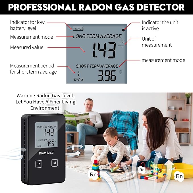 Home Radon Detector, Portable Radon Tester, Long and Short Term Monitor, Powered by Rechargeable Battery, Monitor Your Home Radon Level, Prevent Radon Exceed