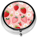 Flowers Strawberry Pill Box 3 Compartment Small Pill Case,Portable for Pocket or Purse Pill Organizer Pill Container Holder with Mirror to Hold Vitamins, Medication, Fish Oil and Supplements
