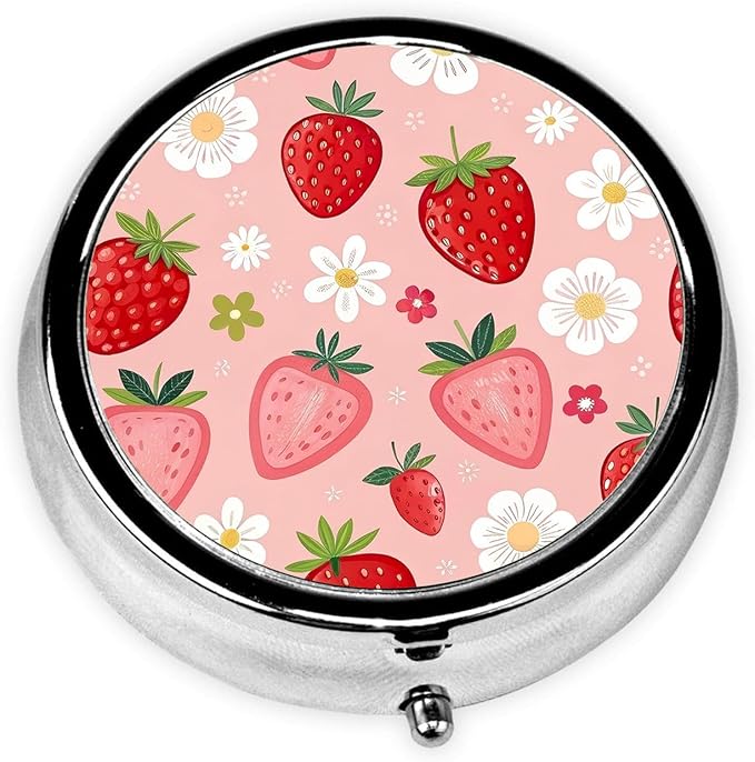 Flowers Strawberry Pill Box 3 Compartment Small Pill Case,Portable for Pocket or Purse Pill Organizer Pill Container Holder with Mirror to Hold Vitamins, Medication, Fish Oil and Supplements