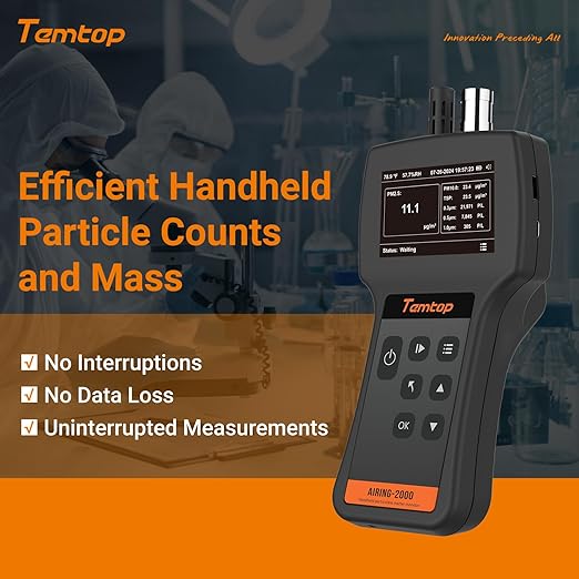 Temtop Handheld Particle Counter 0.3µm 0.5µm 1.0µm – Air Quality Monitor for PM2.5 PM10 TSP, Temperature & Humidity, 32GB Data Logger, USB Export, Rechargeable Battery, Indoor Air Quality Tester