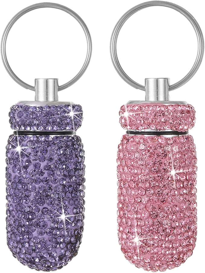 Bling Pill Case Portable Travel Pill Container Bottle Rhinestone Waterproof Small Pill Holder with Keychain Cute Mini Pill Storage Box for Outdoor Camping (Pink Purple)