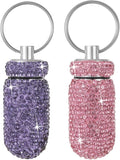 Bling Pill Case Portable Travel Pill Container Bottle Rhinestone Waterproof Small Pill Holder with Keychain Cute Mini Pill Storage Box for Outdoor Camping (Pink Purple)