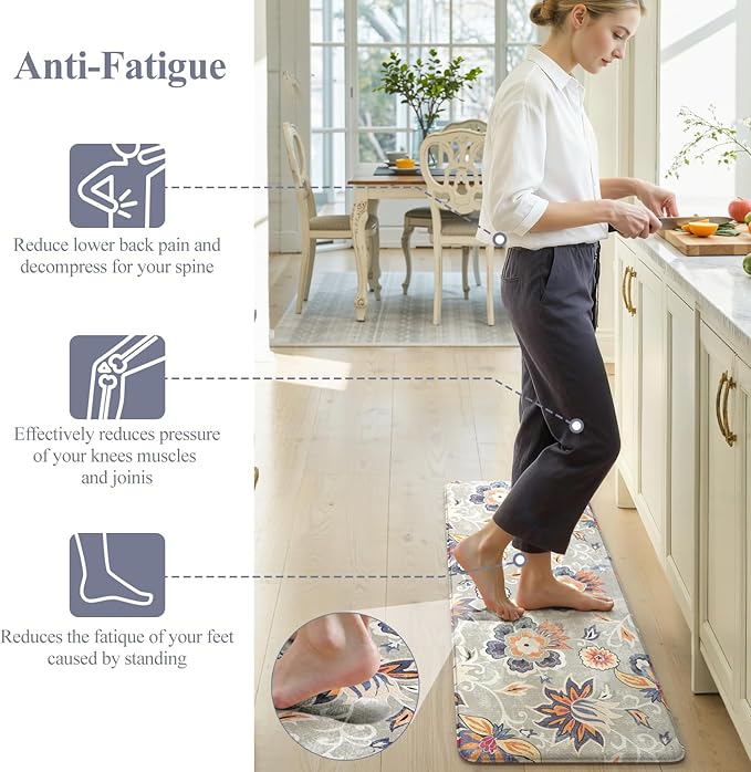 LEEVAN Anti Fatigue Mats for Kitchen Floor 2 Piece,Cushioned Memory Foam Blue Gray Kitchen Mats for Floor,Comfort Floral Boho Non Slip Kitchen Floor Mat for Sink,Laundry,Office(17''x29''+17''x47'')