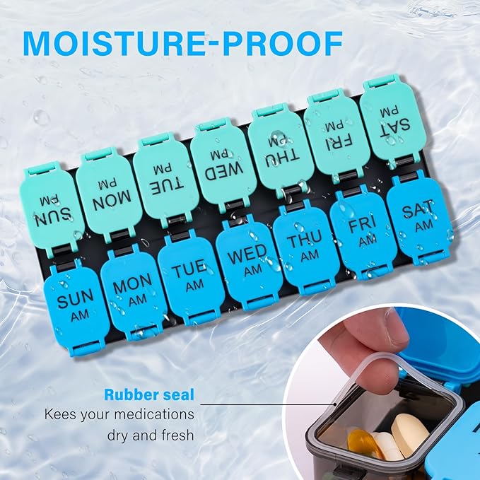 Large 7 Day Pill Organizer, XL AM PM Twice a Day Medicine Storage Box, Big 2 Week Pill Holder for Pills, Vitamins & Supplements, Travel Pill Case for Medication（Blue+Cyan）