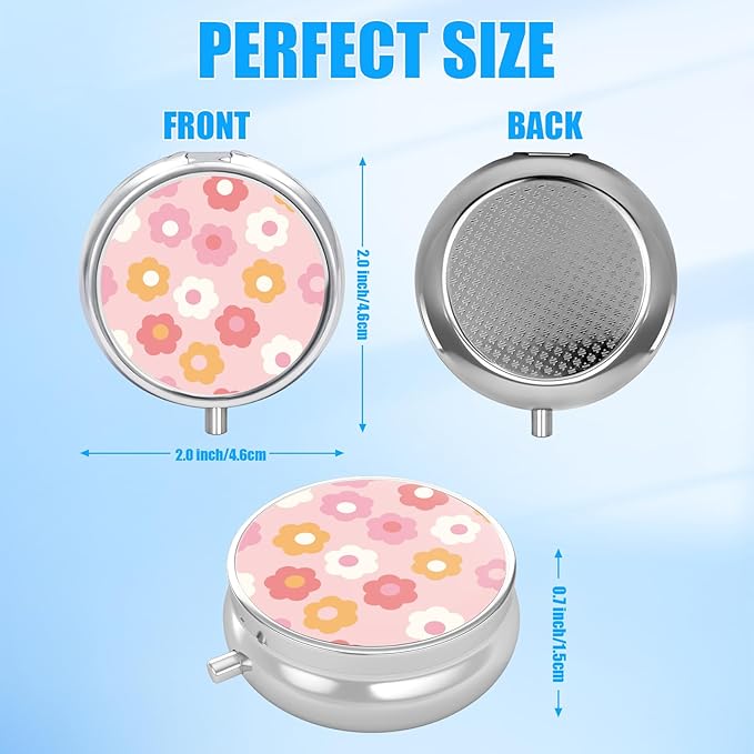 Pill Box, 3 Compartments Small Boho Pill Case Travel Portable Metal Medicine Box with Mirror Mini Container for Purse Pocket Women Men(Pink Groovy Flower)