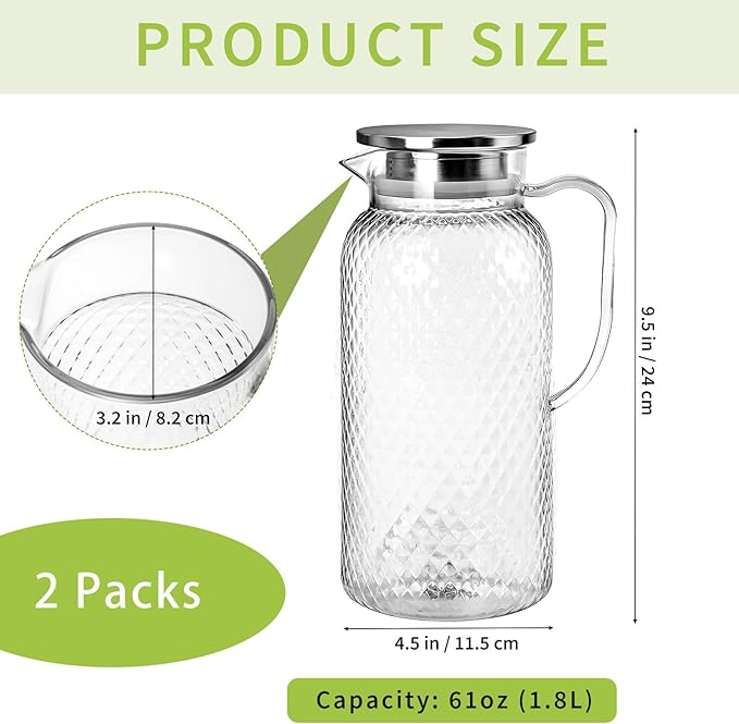 2 Pack Plastic Pitcher with Lid and Handle, 60 oz Clear Water Jug, BPA-Free Ice Tea Pitchers for Lemonade, Milk, Juice, Home, Office