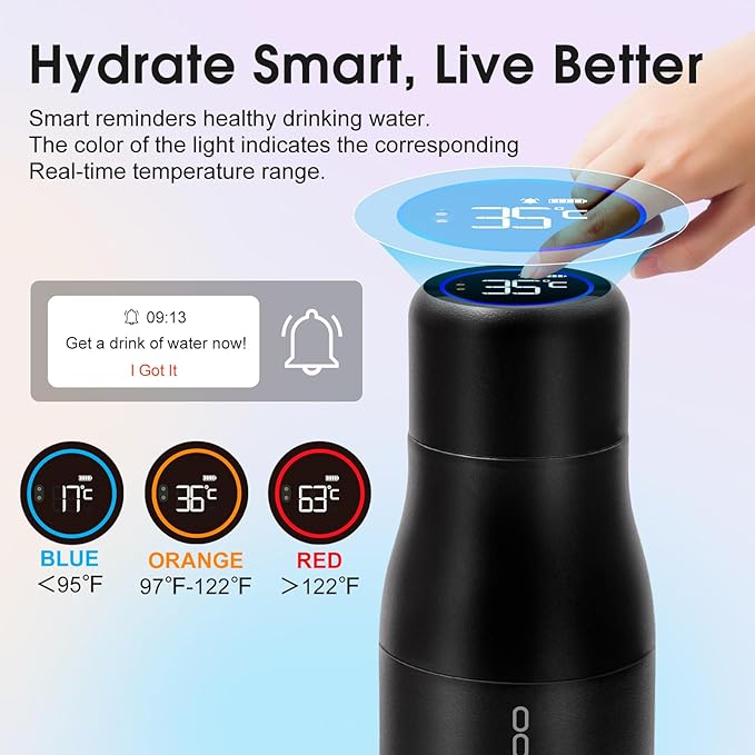 VSITOO 14.8oz Mini Smart Self-Cleaning Water Bottle，Small Insulated Stainless Steel Thermoses with AI Self-Clean, 30-Day Battery & Magnetic Charging for Travel, Gym, Office or Purse, Black