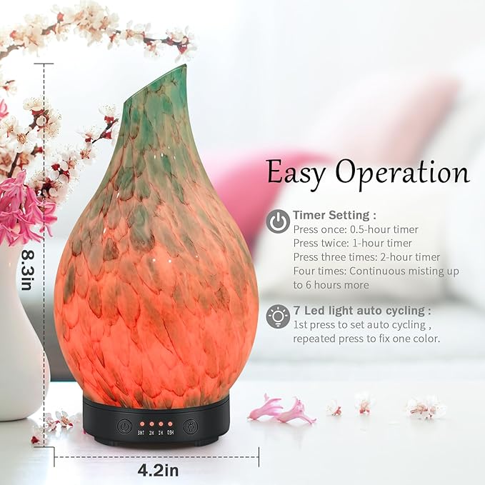 Essential Oil Diffuser 120ml Ultrasonic Aromatherapy Diffuser with Handmade Glass BPA Free, Auto Shut-Off 4 Timer Setting 7 Colors Changed LED for Home Yoga Office (Cobblestone)