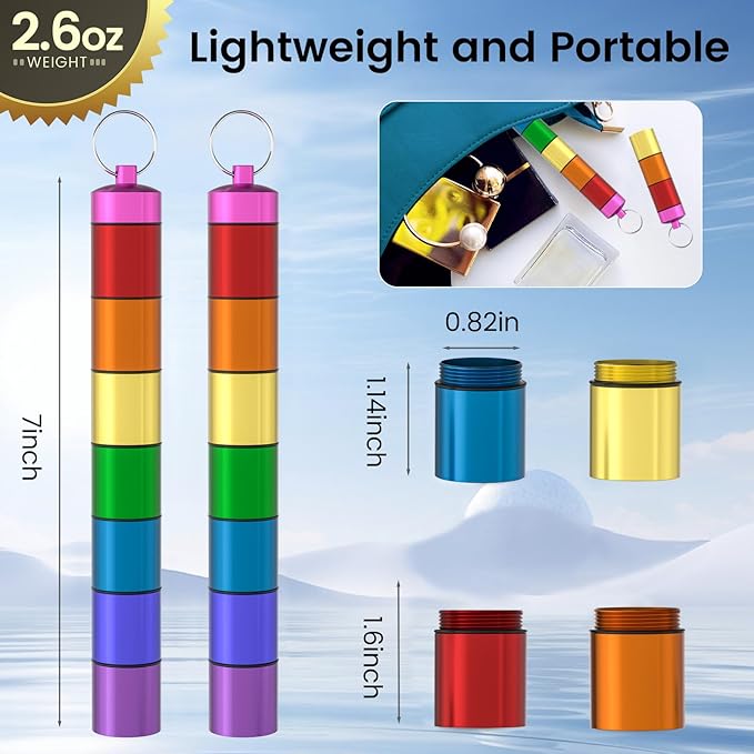 2 Pack Weekly Pill Organizer, QuwaYee Portable Small Pill Case Waterproof Keychain Pill Holder for Travel, Metal Medicine Organizer Box for Vitamin, Fish Oil, Supplement